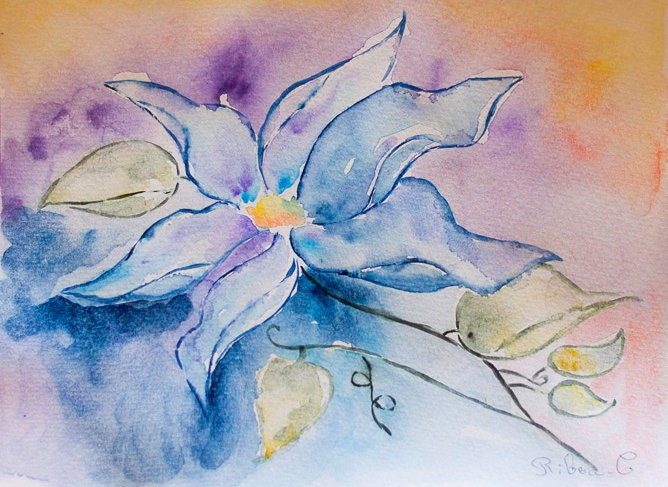 Floral Watercolor Original Painting Work Of Art Purple Flowers Plant Art Clematis & Morning Glory St