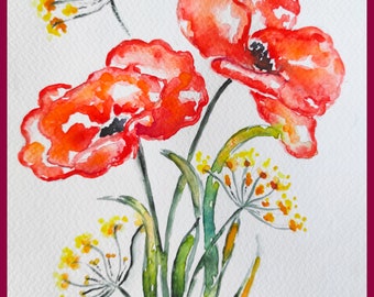 Aquarelle originale de coquelicots rouges, Art floral contemporain - Décoration murale unique