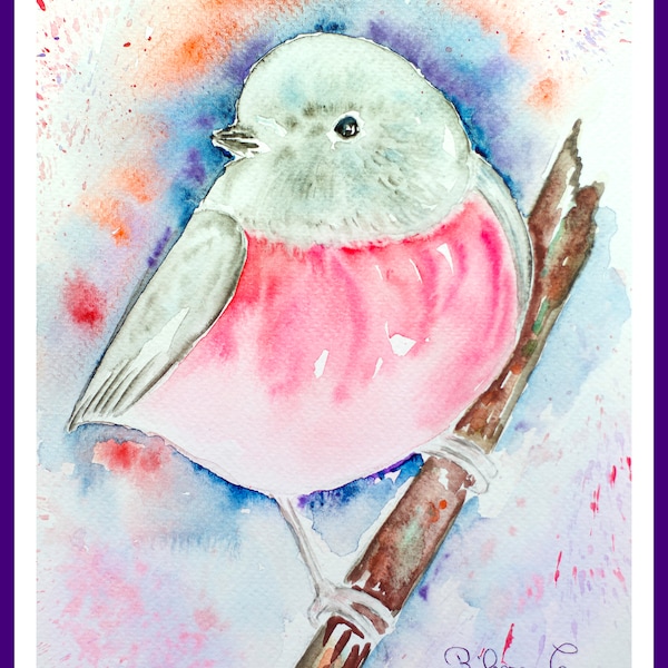 rose robin aquarelle original, peinture oiseau ,décor mural portrait animalier, art et illustration ,œuvre d'art ,idée cadeau fêtes des mère