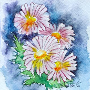 Acquerello Margherita Rosa - Dipinto Floreale Originale - Arte Botanica Fatta a Mano - Decorazione Murale Floreale