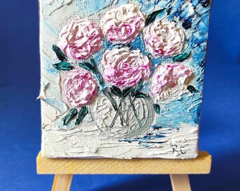 original peony oil painting-Vintage miniature art