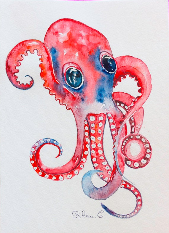 Octopus Wall Art, Fine Art Print, Watercolor Nautical Beach House Bathroom Sea Life Personalized Pri