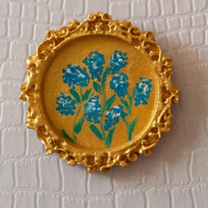 Tiny oil painting of forget-me-not flowers, impasto texture in a vintage gold frame for home décor