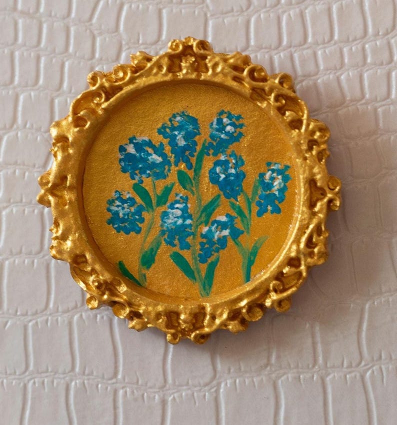 Tiny oil painting of forget-me-not flowers, impasto texture in a vintage gold frame for home décor