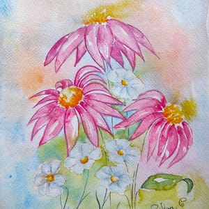 Dipinto ad acquerello originale di echinacea e fiori di margherita – Regalo per la festa della mamma o per il compleanno – Arte floreale fatta a mano per nonna o amica
