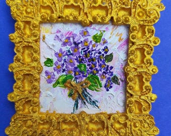 Miniature Realistic violet Oil Painting with Magnet - Tiny Floral Art