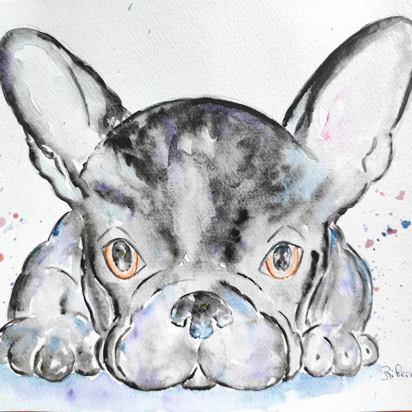 Portrait de chien Cadeau de chien   Aquarelle original Bulldog anglais