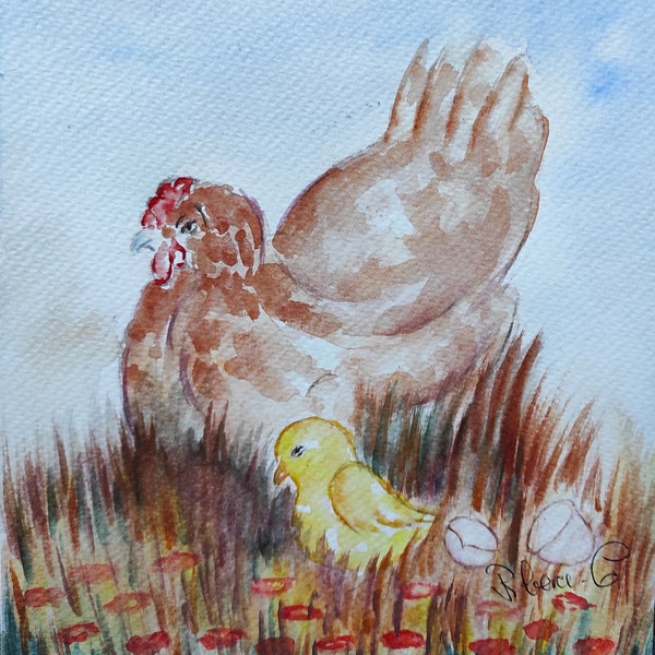 Peinture de coq en aquarelle originale, art mural style campagne, peinture de coq de basse-cour, dessin décoration de coq art pour Pâques