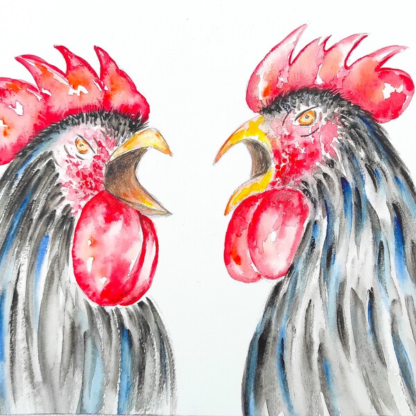 Coq  aquarelle original, art, animaux, illustration, oiseau, décoration, art mural, cadeau, de la faune