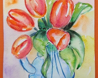 Original Tulip Watercolor Painting, Hand Painted Spring Flower Wall Art, Botanical Decor, Gift for Her, 5 x 7 Inches