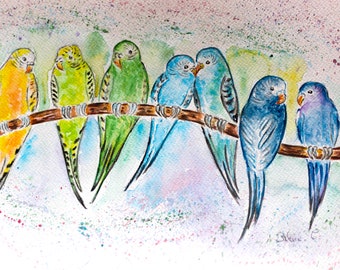 鳥の絵画 / オリジナル油絵の版画 / セキセイインコ / 止まり木に