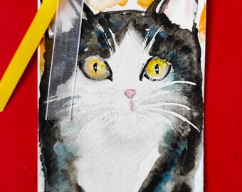 Marque-page original aquarelle chat – Cadeau pour amoureux des livres et des chats – Peinture à la main – Livraison gratuite