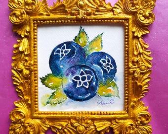 Originales Blaubeer-Aquarell – Natürliches Fruchtbild – Handgefertigte Wandkunst – Einzigartiges Geschenk und poetische Dekoration