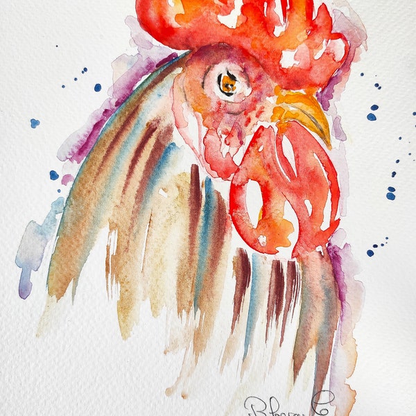 Peinture de coq aquarelle originale, art mural style campagne, peinture de coq de basse-cour, dessin décoration de coq  cadeaux anniversaire