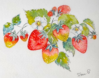 Original Strawberry Watercolor – Kitchen Wall Art – Gift for Mom or Grandma – Housewarming Gift – Fruit Botanical Illustration