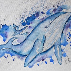 pintura de acuarela de ballena jorobada, arte, animal, ilustración, arte marino, arte de la vida marina, decoración del hogar del océano marino de Bretaña
