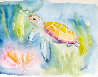 Original Sea Turtle Watercolor Painting – Coastal Wall Art – Beach House Decor – Ocean Animal Art – Marine Life Gift Idea