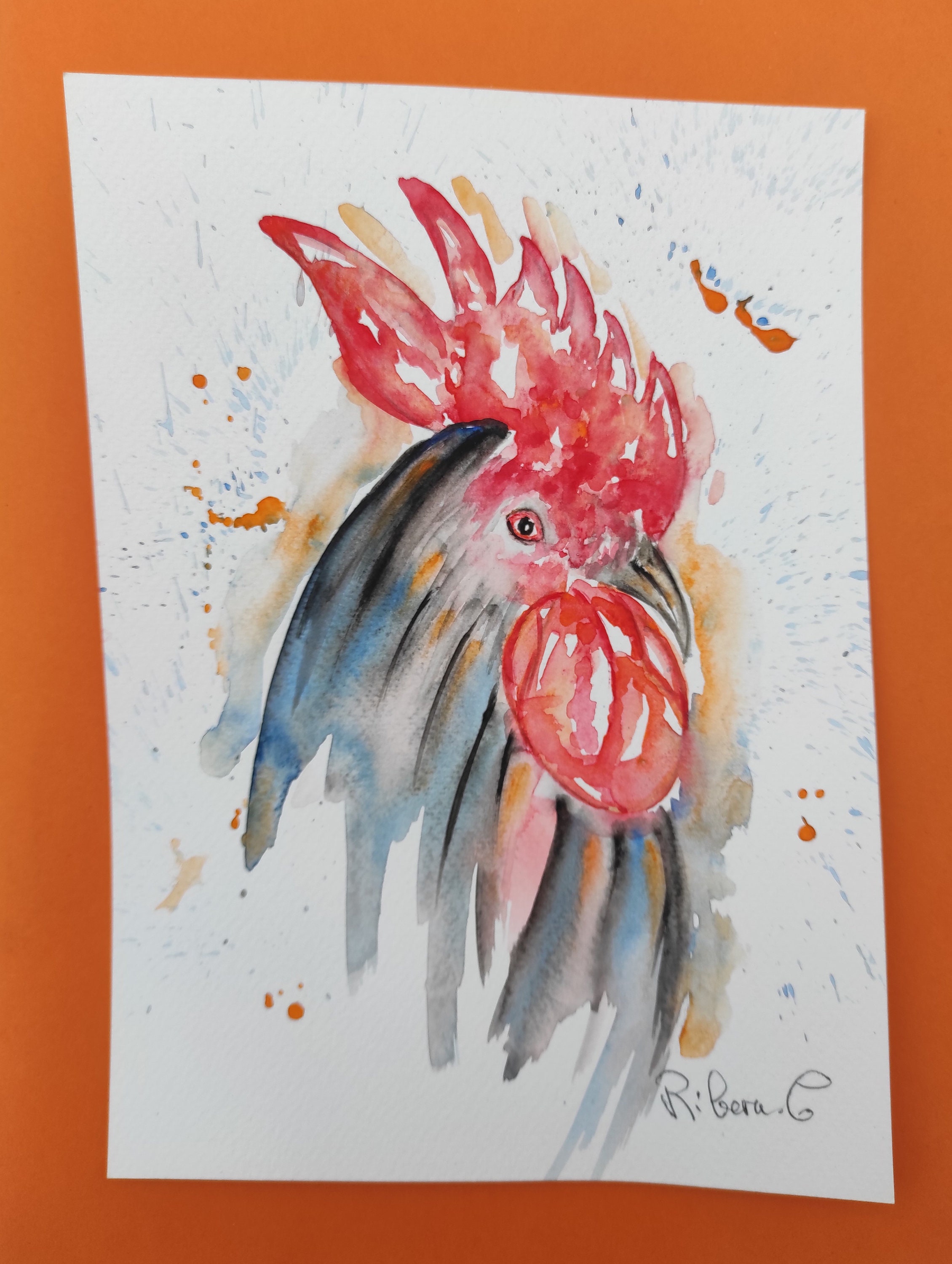 Peinture de Coq en Aquarelle Originale, Art Mural Style Campagne, Peinture Basse-Cour, Dessin Décora