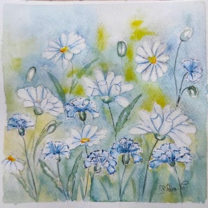Dipinto ad acquerello originale – Margherita e fiordalisi – Arte floreale – Regalo della nonna