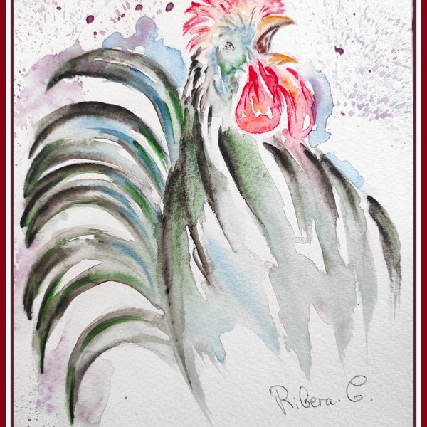 Peinture de coq en aquarelle originale, art mural style campagne, peinture de coq de basse-cour, dessin décoration de coq art pour Pâques