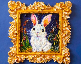 Original Bunny Oil Painting – White Rabbit Art – Small Animal Wall Decor – Handmade Nature Artwork – 6x6 inch Canvas