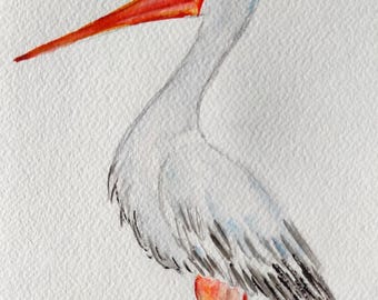 コウノトリの水彩画：オリジナルの鳥のアート、8x6インチ - Etsy 日本