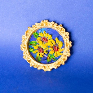 Miniatura original de girasol al óleo – Arte floral pequeño 4,5 x 4,5 cm – Decoración de pared hecha a mano
