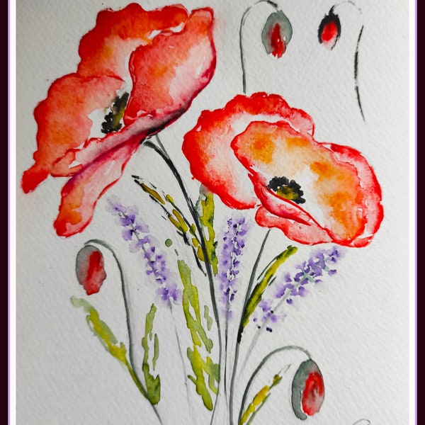 Aquarelle originale de fleurs de coquelicots, peinture originale de fleurs de coquelicots art floral coquelicots