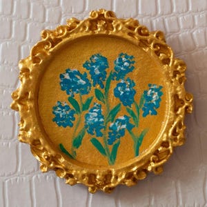Miniature oil painting of forget-me-not flowers in vintage gold frame, realistic impasto floral art