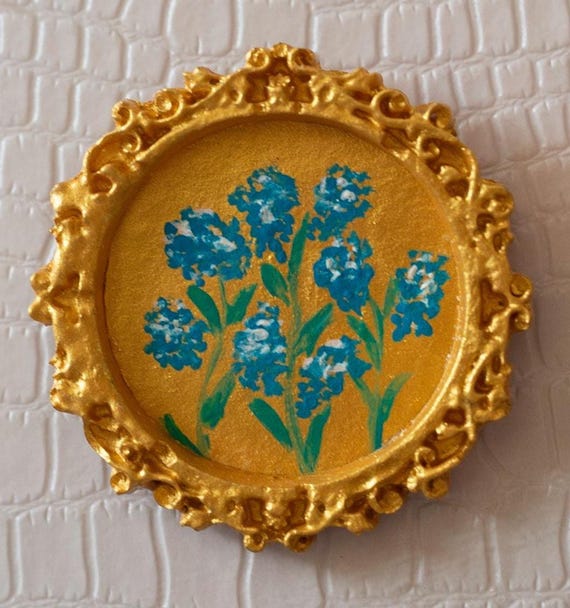 Peinture à l'huile miniature réaliste pour maison de poupée - Myosotis dans un cadre doré vintage avec aimant cadeau  amie fête des mères