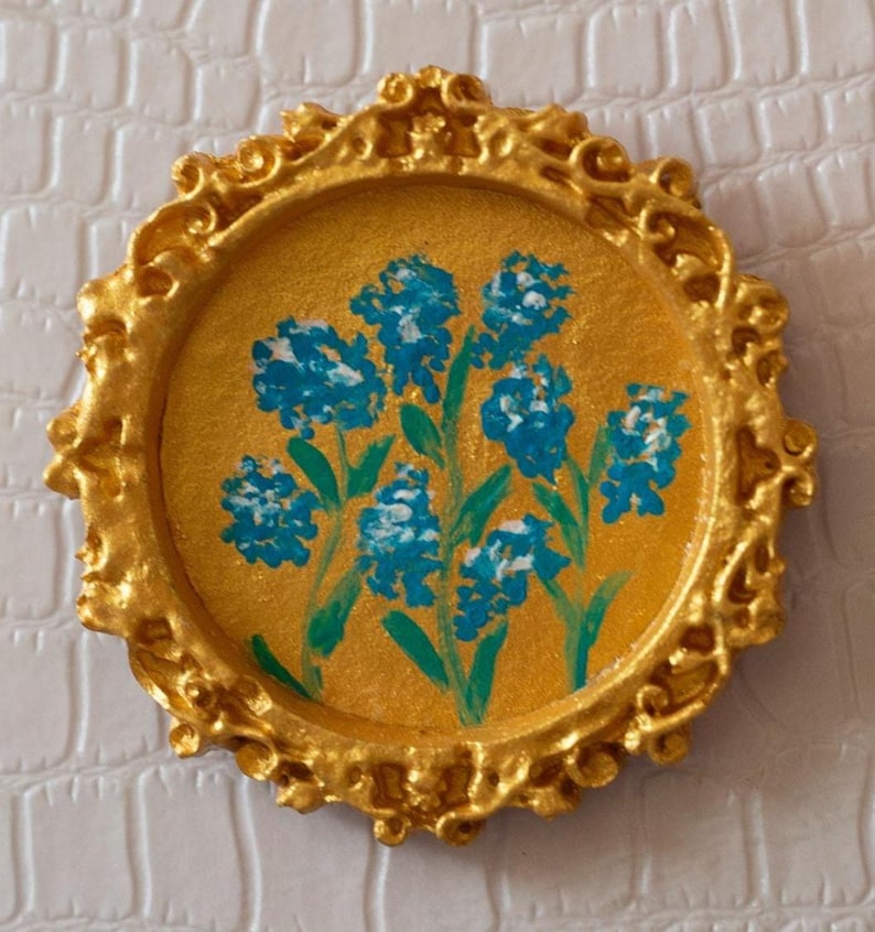 Miniature oil painting of forget-me-not flowers in vintage gold frame, realistic impasto floral art