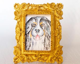 Custom Dog Portrait – Mini watercolor Painting – Personalized Pet Portrait from Photo – Handmade Dog Art – Memorial Gift – Gold Frame