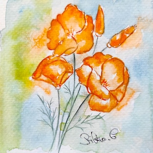 dipinto ad acquerello originale del papavero della California, arredamento per la casa, arte da cucina, Eschscholzia Californica.  Decorazione artistica da parete.