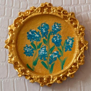 Hand-painted forget-me-not flowers on oil panel in small vintage frame, perfect for kitchen décor