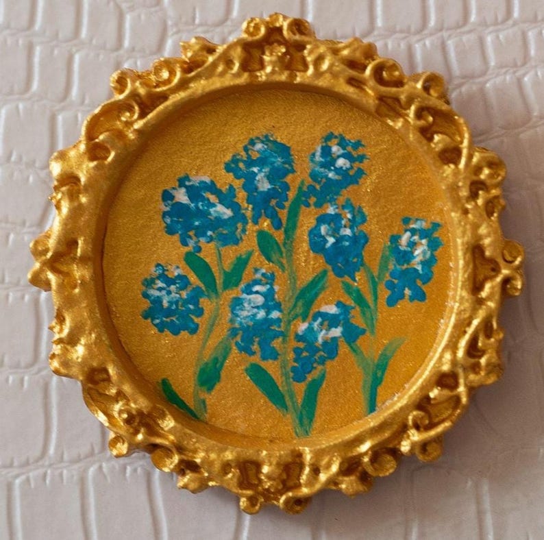 Hand-painted forget-me-not flowers on oil panel in small vintage frame, perfect for kitchen décor