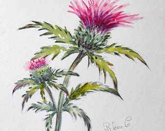 Original watercolor thistle flower