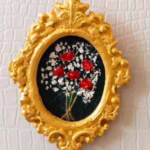 Miniature Peinture à l’Huile Réaliste –coquelicot dans  Cadre Doré Vintage avec Aimant – Art pour Maison de Poupée ou Cadeau Fête des Mères