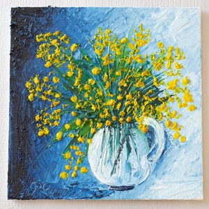 Ramo de mimosas, pintura al óleo original – Arte floral amarillo sobre lienzo – Pintura hecha a mano – Decoración de pared de primavera