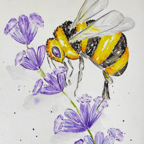 Peinture originale abeille avec des fleurs de lavande