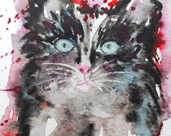 original watercolor  black cat painting art
