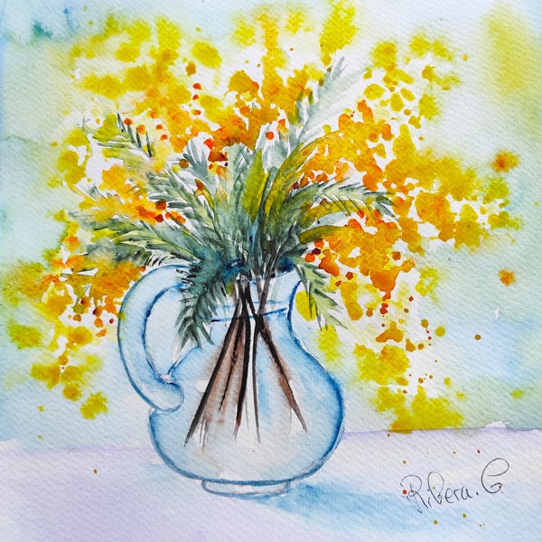 Aquarelle originale d’un bouquet de mimosa, peinture de mimosa, cadeaux pour femme