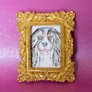 Retrato de perro en miniatura personalizado - Pintura al óleo de 7,5 x 9 cm - Arte para mascotas hecho a mano - Marco dorado - Regalo para amantes de los perros