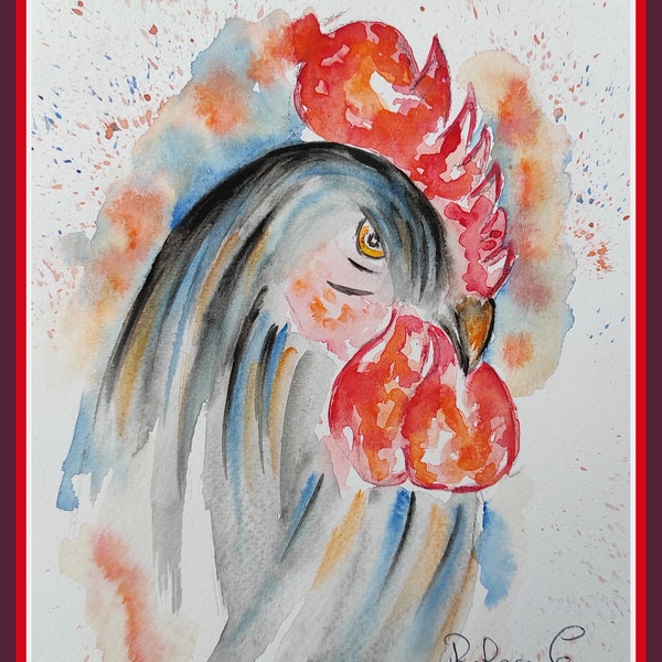 Original watercolor rooster painting, country style wall art