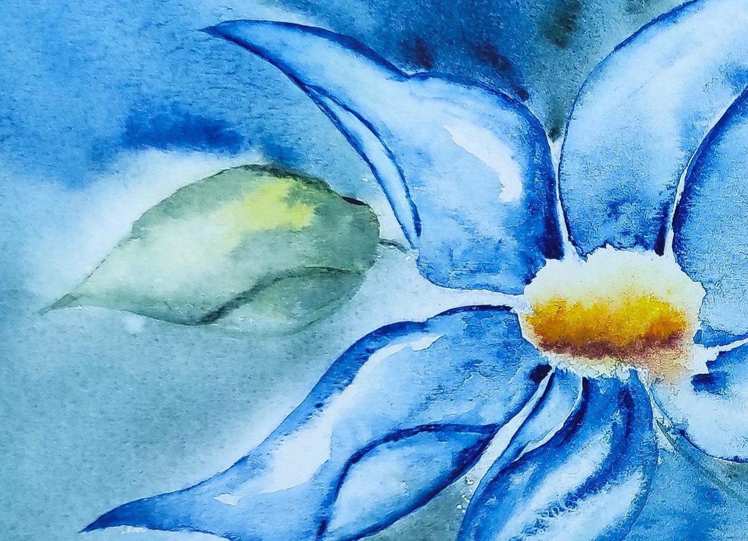 オリジナル水彩画「ブルークレマチス」 - 署名入り春の花 - ユニークな