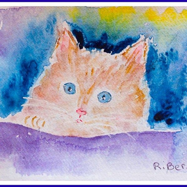 Chat aquarelle originale   art, chat aux regard bleu, décoration animal, mur chambre, décoration crèche, cadeau fête des mères, anniversaire