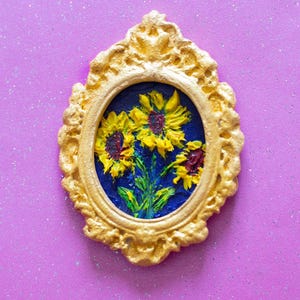 Mini girasol realista con imán - Pintura al óleo de flores en miniatura para decoración