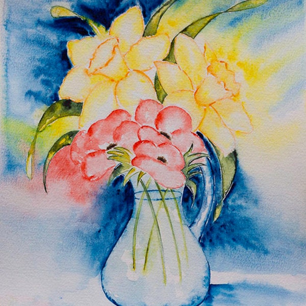 Peinture aquarelle originale d’un bouquet de fleurs coquelicots et jonquilles