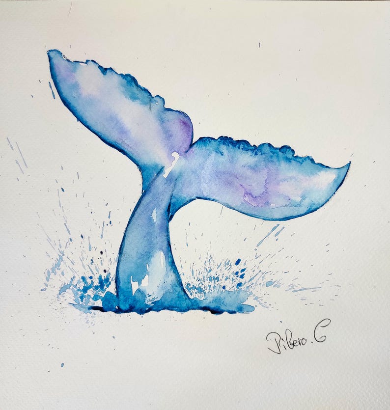 Whale Tail Watercolor – Ocean Wall Art, Marine Animal Illustration ...