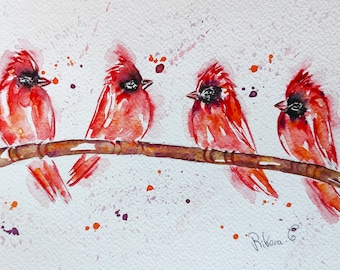 Aquarel schilderij van een kardinaal, origineel vogelschilderij, slaapkamerdecoratie