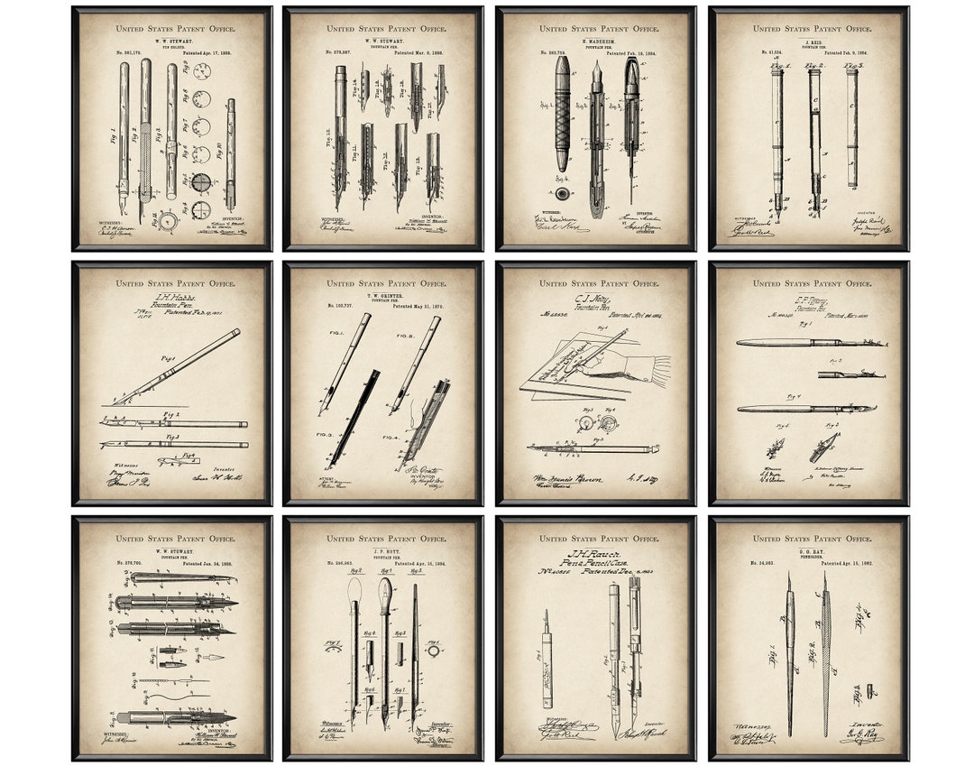 12 Vintage Fountain Pen Patent Art Pen Blueprint Writer Gift Poet Gift